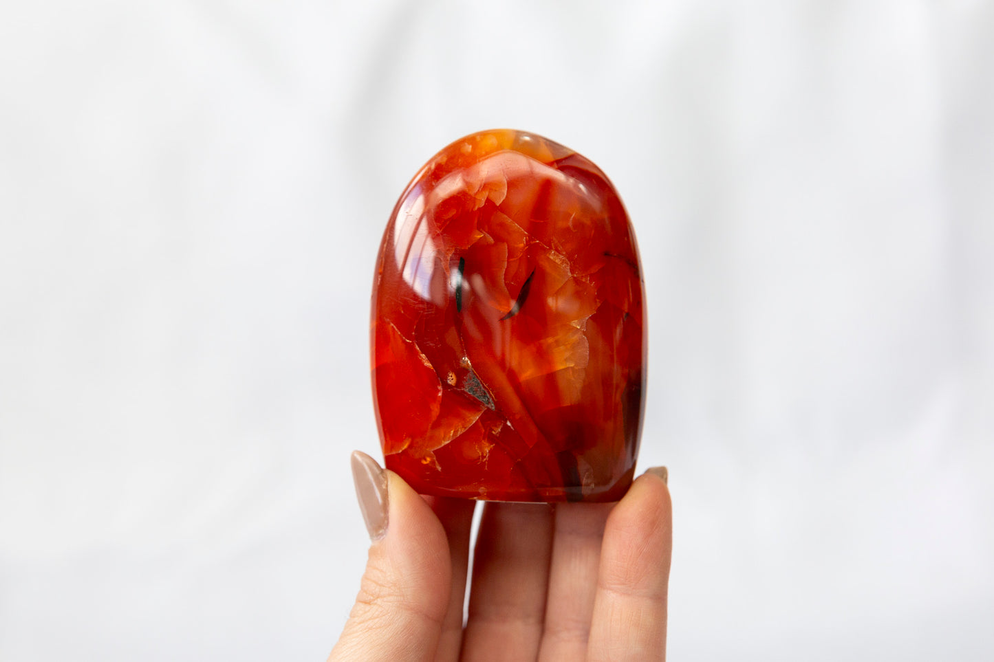 Hand holding a polished orange and red stone against a white background
