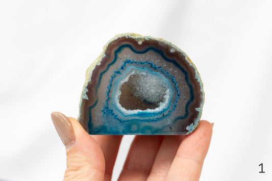 Hand holding a geode crystal with a white background