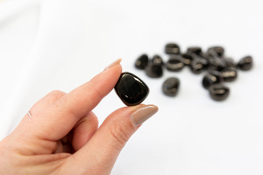 Hand holding a black stone with more stones on a white background