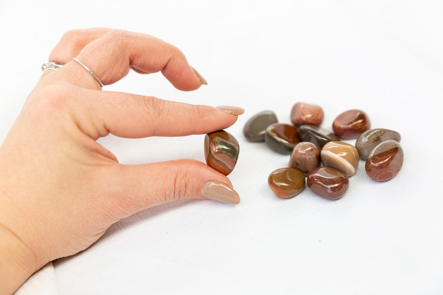 Hand holding a small brown stone with more stones on a white background