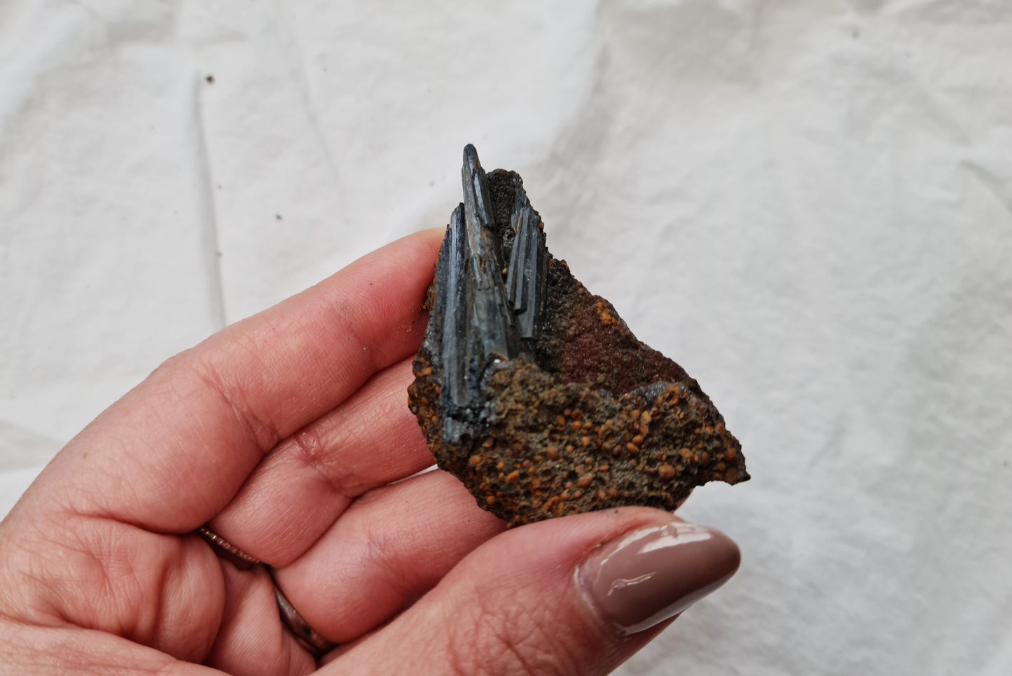 Hand holding a vivianite crystal specimen against a white fabric background