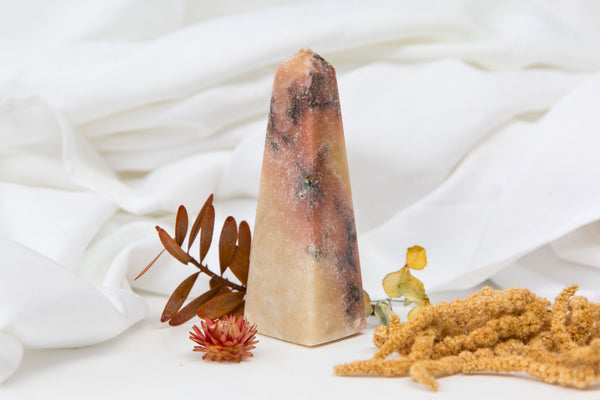 Pink Amethyst Crystal Tower with various dried flowers