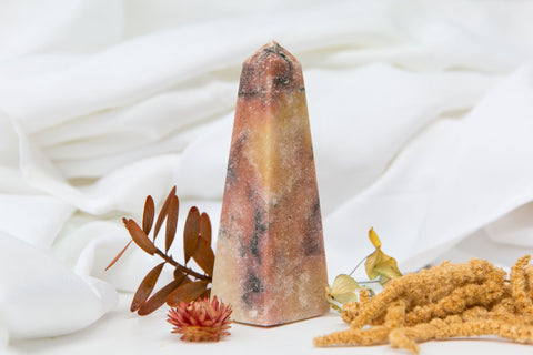 Pink Amethyst Crystal Tower with various dried flowers