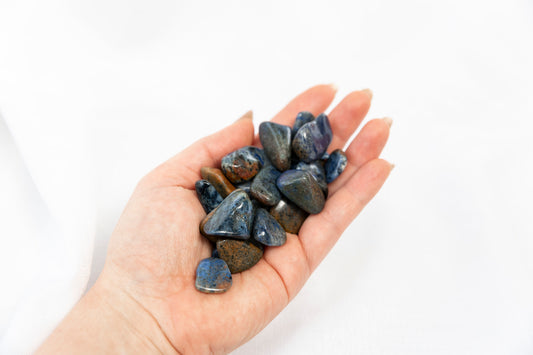 Hand holding a small pile of blue stones against a white background