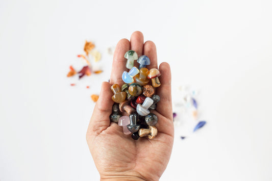 Hand holding a collection of various crystal mini mushroom carvings against a white background