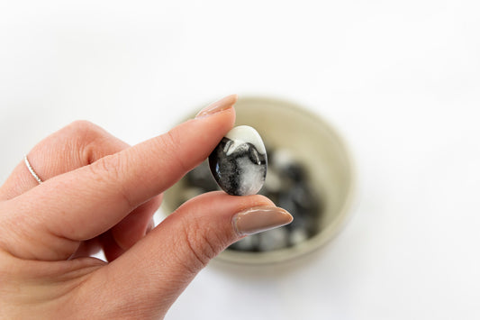Hand holding a black and white tumblestone against a white background
