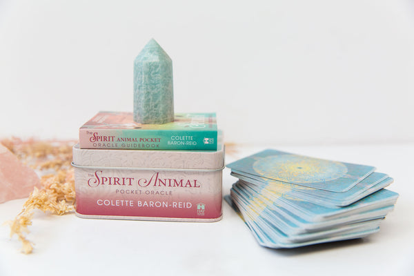Spirit Animal Oracle Pocket Deck with an amazonite polished point sitting on top